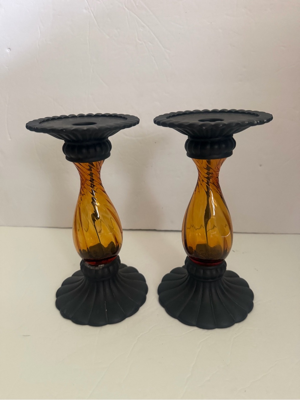 PartyLite Pair Amber Glass Candleholders with Black Bases 8”